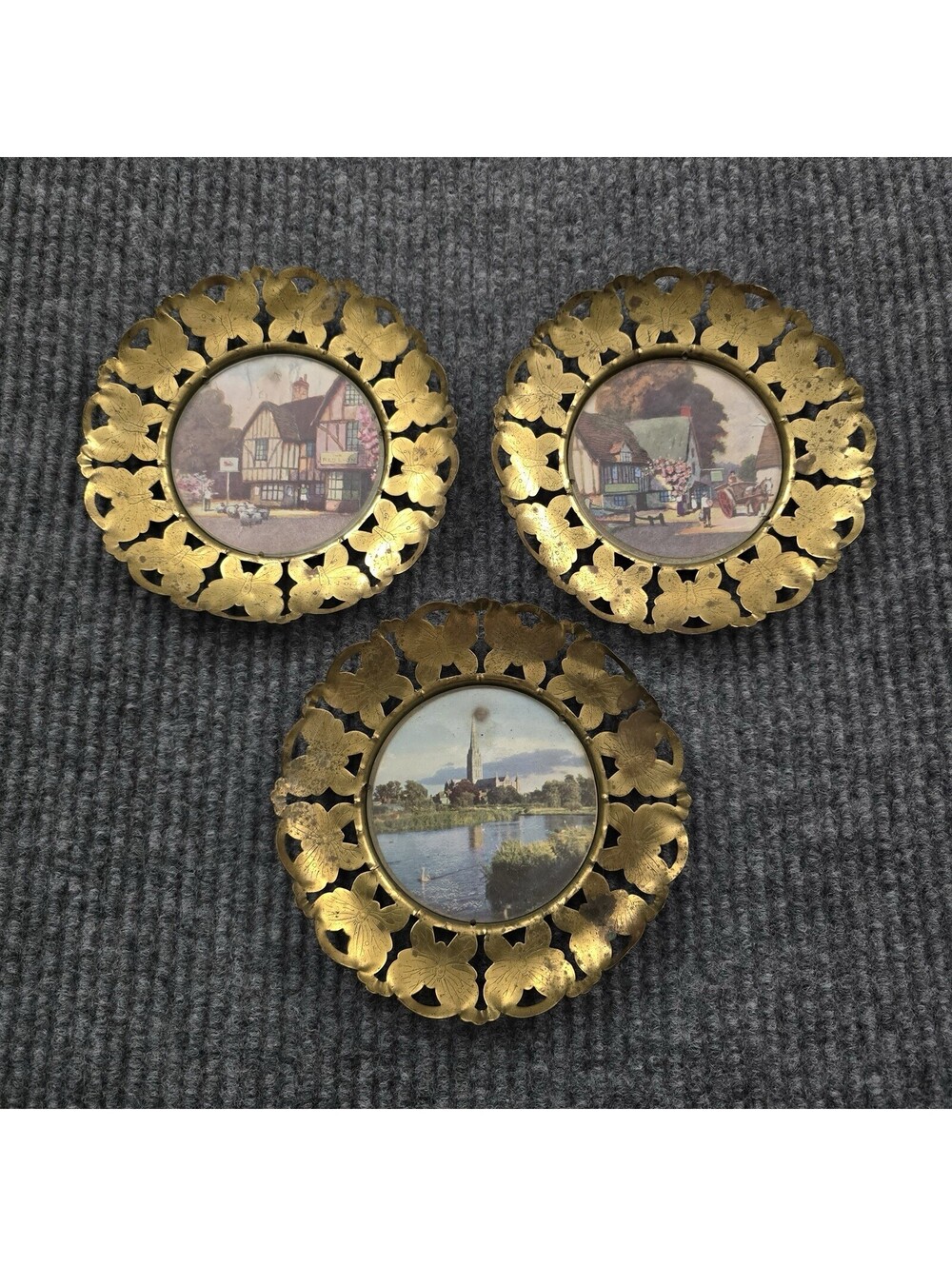 Vtg Set Lot Of 3 Brass Butterfly Wall Plaques English Countryside Scenes England